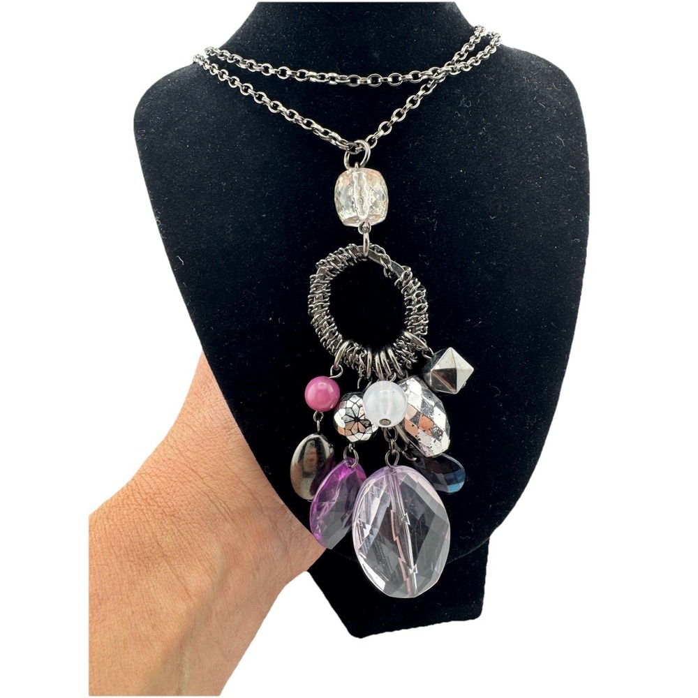 VTG NY Signed Women's Necklace Black‎ Tone Purple Pink Long Approx 40"